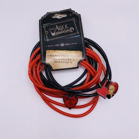 Alice In Wonderland Red Black Rubber Charm Bracelets Set of 12 - Picture 1 of 4